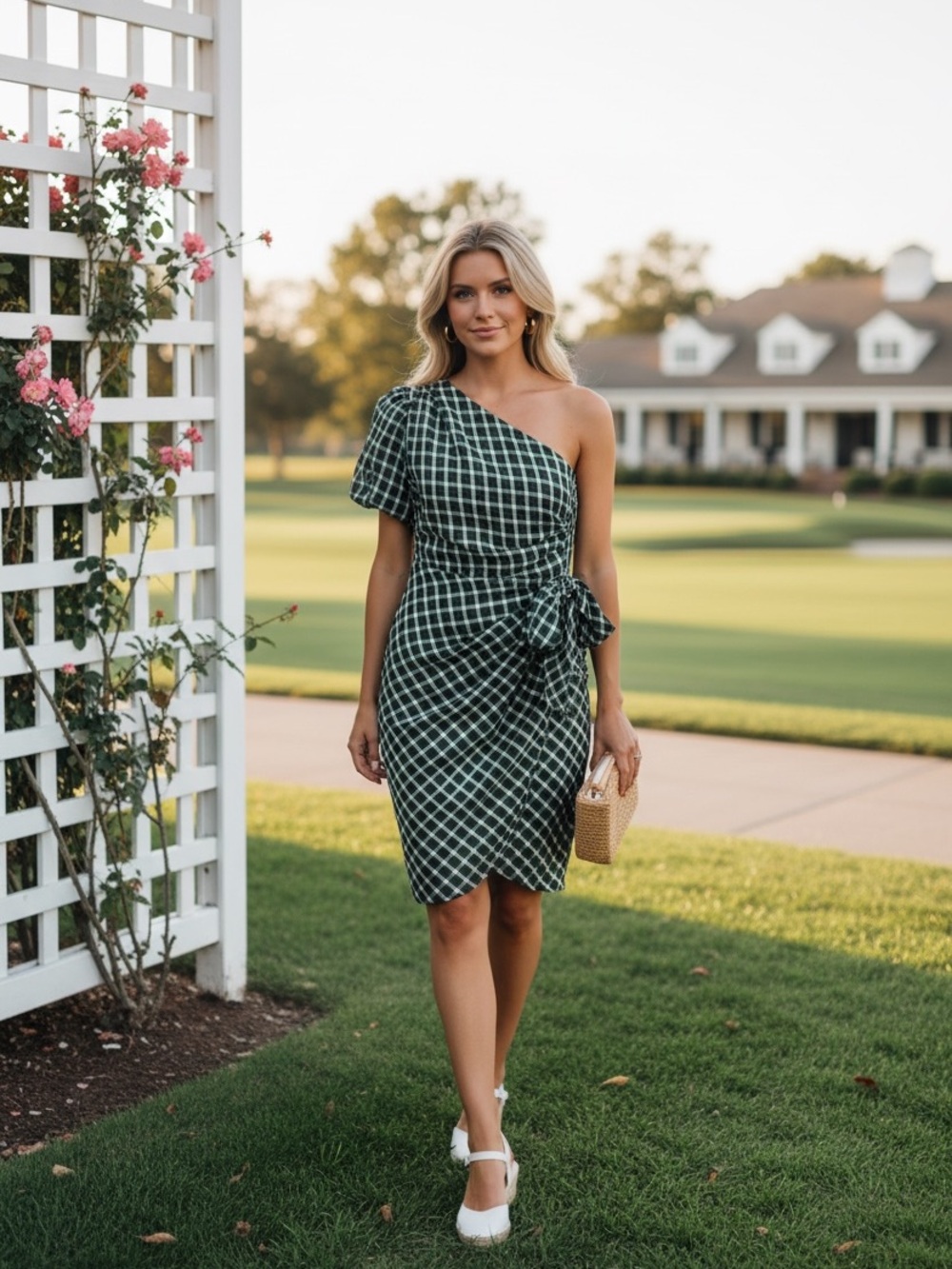 Tularosa Women Skylar One Shoulder Tie Side Mini Dress M Tinsel Green Plaid
